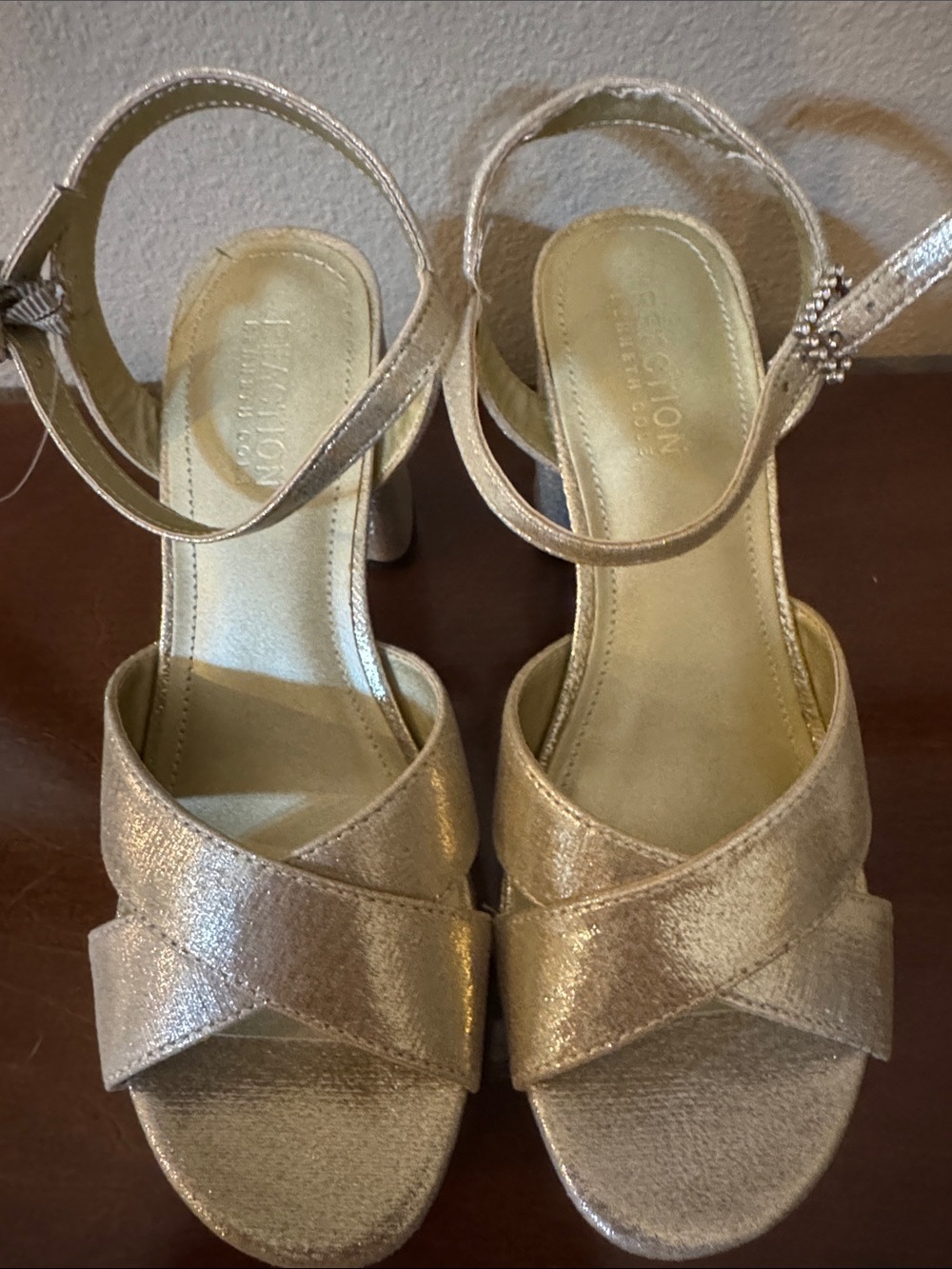 Reaction Kenneth Cole Metallic Gold Crisscross Block Heel Sandals